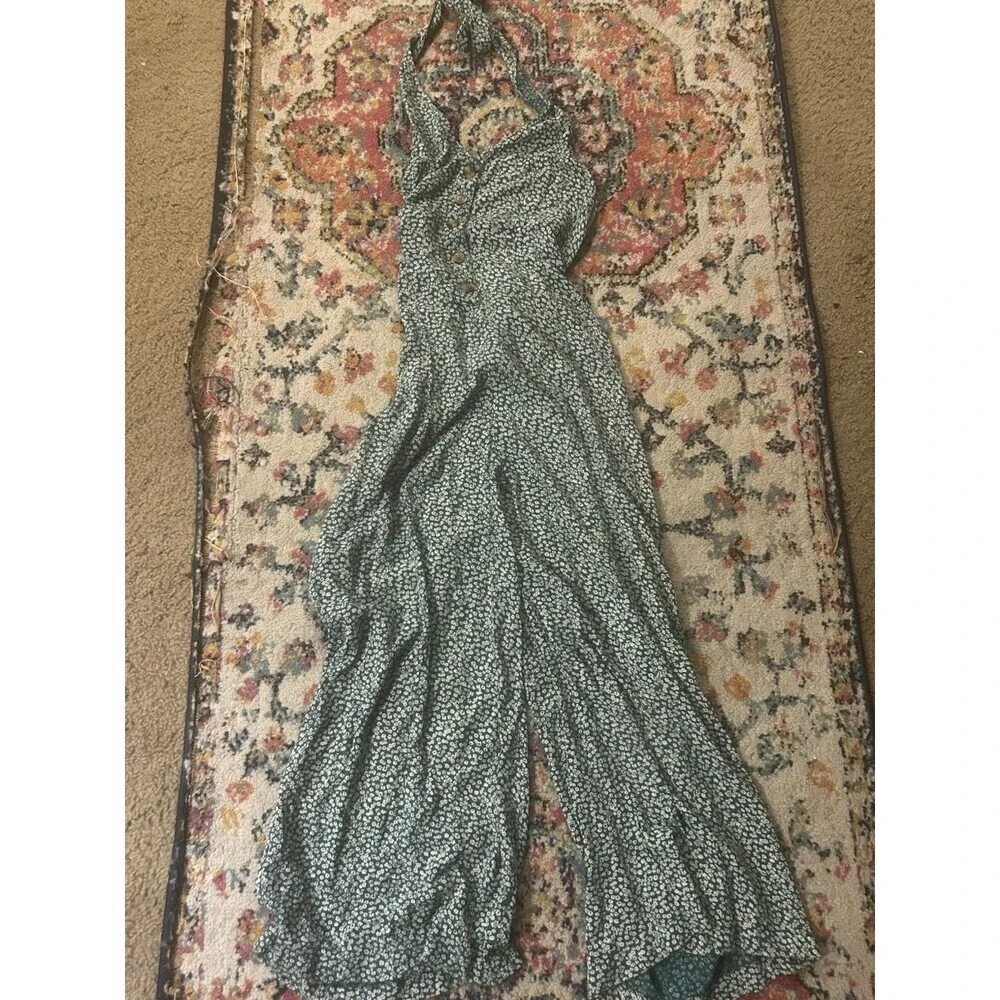 American Eagle Green White Ditsy Floral Print Halter Jumpsuit Size Small